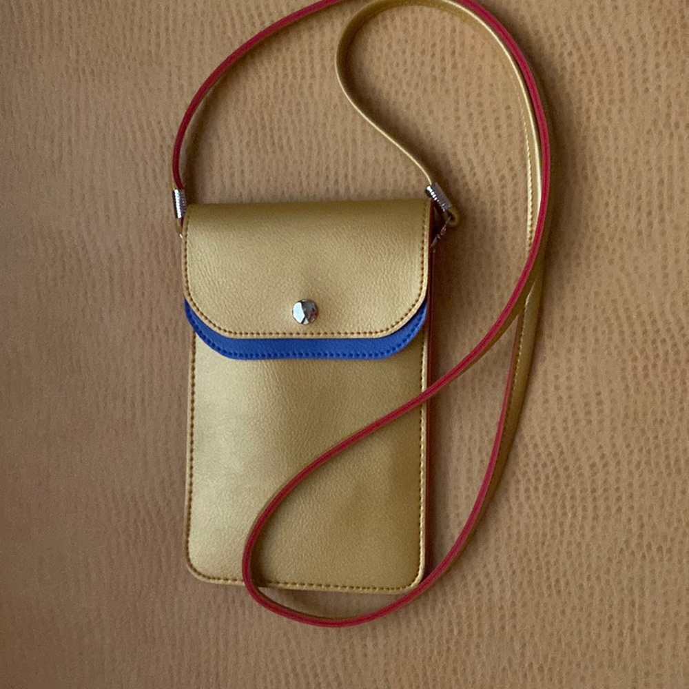 Mini gold crossbody w/magnetic close w/orange edge strap Blue/orange/red flaps